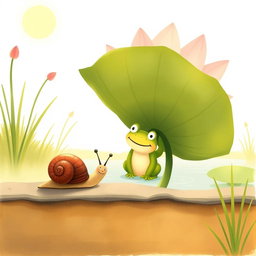 On a sunny summer day, a small snail with a brown shell is walking along the edge of a pond