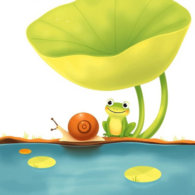On a sunny summer day, a small snail with a brown shell is walking along the edge of a pond