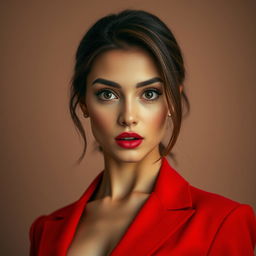 A beautiful 25-year-old woman dressed in a striking red outfit stands front-facing, looking directly at the camera with a provocative yet surprised expression on her face