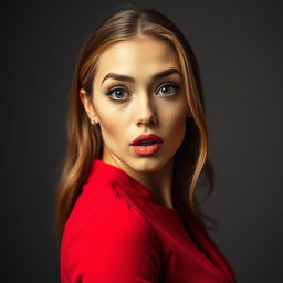 A beautiful 25-year-old woman dressed in a striking red outfit stands front-facing, looking directly at the camera with a provocative yet surprised expression on her face