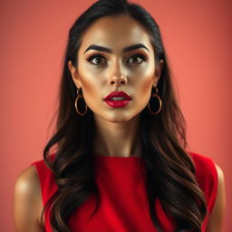 A beautiful 25-year-old woman dressed in a striking red outfit stands front-facing, looking directly at the camera with a provocative yet surprised expression on her face