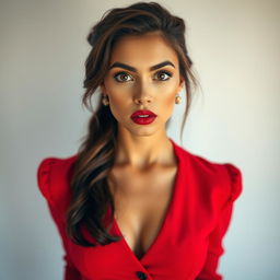 A beautiful 25-year-old woman in a striking red outfit stands front-facing, looking directly at the camera with a provocative and surprised expression