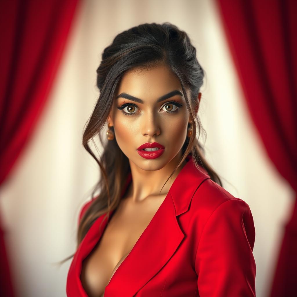 A beautiful 25-year-old woman in a striking red outfit stands front-facing, looking directly at the camera with a provocative and surprised expression