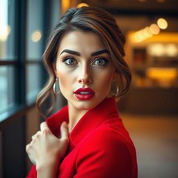 A beautiful 25-year-old woman in a striking red outfit stands front-facing, looking directly at the camera with a provocative and surprised expression