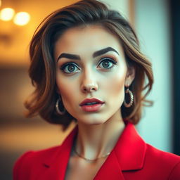 A beautiful 25-year-old woman in a striking red outfit stands front-facing, looking directly at the camera with a provocative and surprised expression