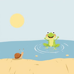 On a sunny summer day, a small snail with a brown shell is walking along the edge of a pond