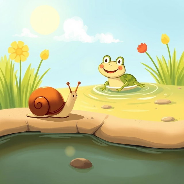On a sunny summer day, a small snail with a brown shell is walking along the edge of a pond