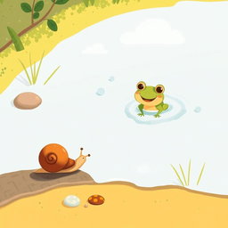 On a sunny summer day, a small snail with a brown shell is walking along the edge of a pond