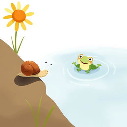On a sunny summer day, a small snail with a brown shell is walking along the edge of a pond