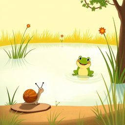 On a sunny summer day, a small snail with a brown shell is walking along the edge of a pond