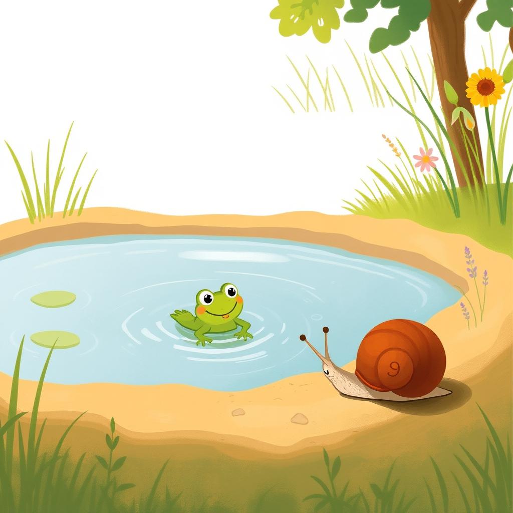 On a sunny summer day, a small snail with a brown shell is walking along the edge of a pond
