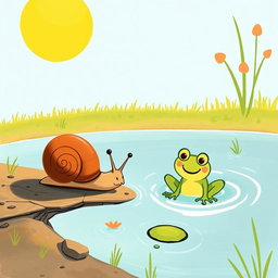 On a sunny summer day, a small snail with a brown shell is walking along the edge of a pond