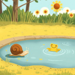 On a sunny summer day, a small snail with a brown shell is walking along the edge of a pond