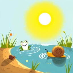Under the intense summer sunlight, a small snail with a brown shell is walking along the edge of a pond