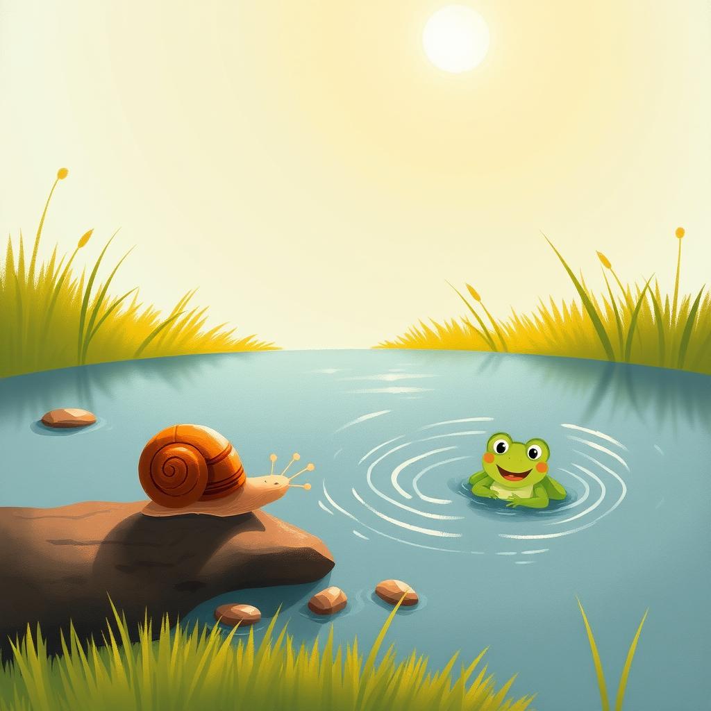 Under the intense summer sunlight, a small snail with a brown shell is walking along the edge of a pond