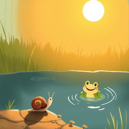 Under the intense summer sunlight, a small snail with a brown shell is walking along the edge of a pond