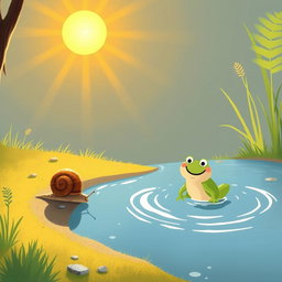 Under the intense summer sunlight, a small snail with a brown shell is walking along the edge of a pond