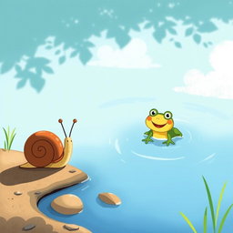 Under the strong summer sunlight, a small snail with a brown shell is walking along the edge of a pond