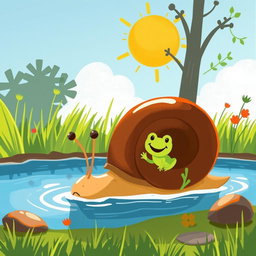 Under the strong summer sunlight, a small snail with a brown shell is walking along the edge of a pond