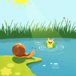 Under the strong summer sunlight, a small snail with a brown shell is walking along the edge of a pond