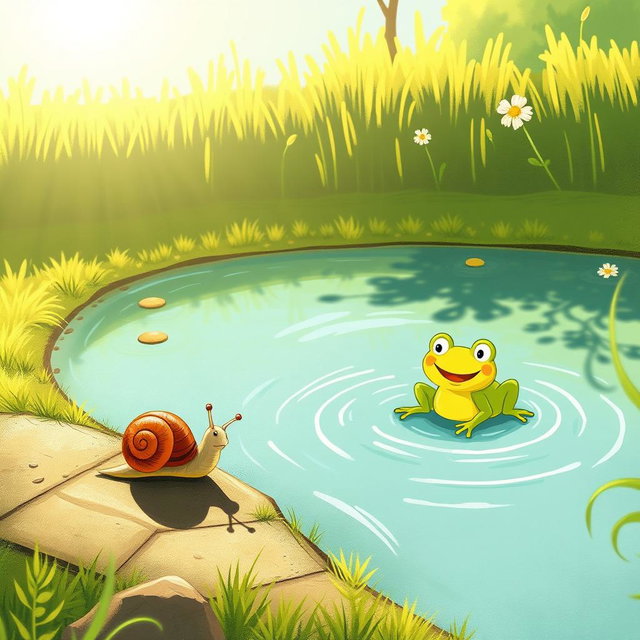 Under the strong summer sunlight, a small snail with a brown shell is walking along the edge of a pond