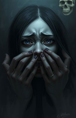 A haunting digital painting featuring a girl with long dark hair, her face expressing sheer terror as she screams