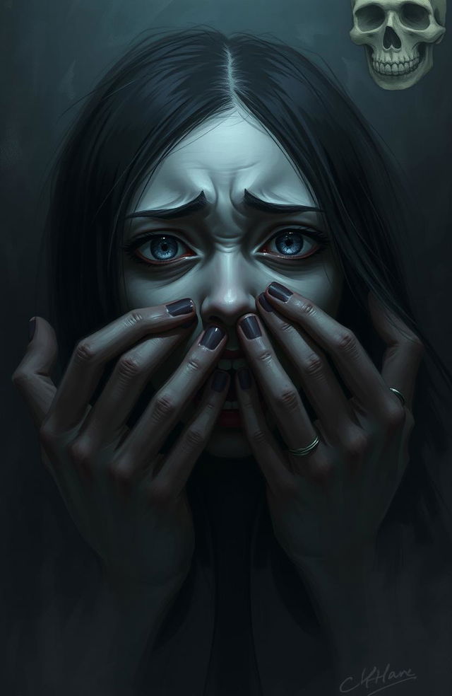A haunting digital painting featuring a girl with long dark hair, her face expressing sheer terror as she screams