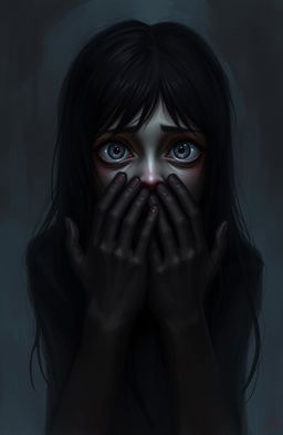 A haunting digital painting featuring a girl with long dark hair, her face expressing sheer terror as she screams