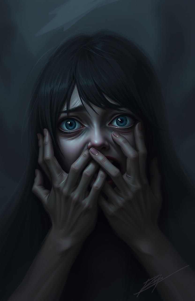 A haunting digital painting featuring a girl with long dark hair, her face expressing sheer terror as she screams