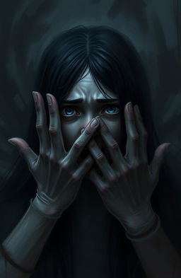 A haunting digital painting featuring a girl with long dark hair, her face expressing sheer terror as she screams