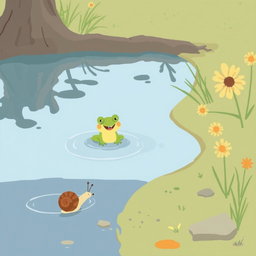 On a scorching summer day, a small snail with a brown shell is walking along the edge of a pond