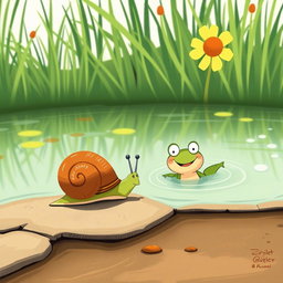 On a scorching summer day, a small snail with a brown shell is walking along the edge of a pond