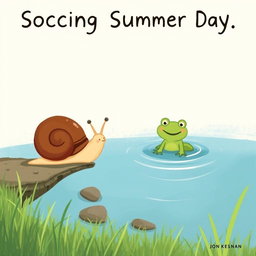 On a scorching summer day, a small snail with a brown shell is walking along the edge of a pond