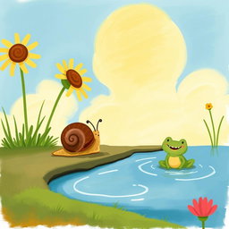 On a scorching summer day, a small snail with a brown shell is walking along the edge of a pond