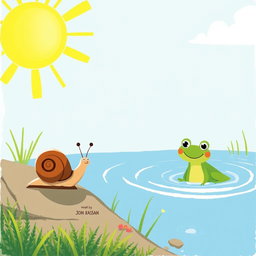 On a summer afternoon under the bright midday sun, a small snail with a brown shell walks along the edge of a pond