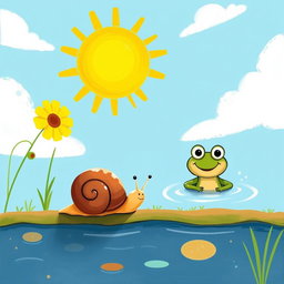 On a summer afternoon under the bright midday sun, a small snail with a brown shell walks along the edge of a pond