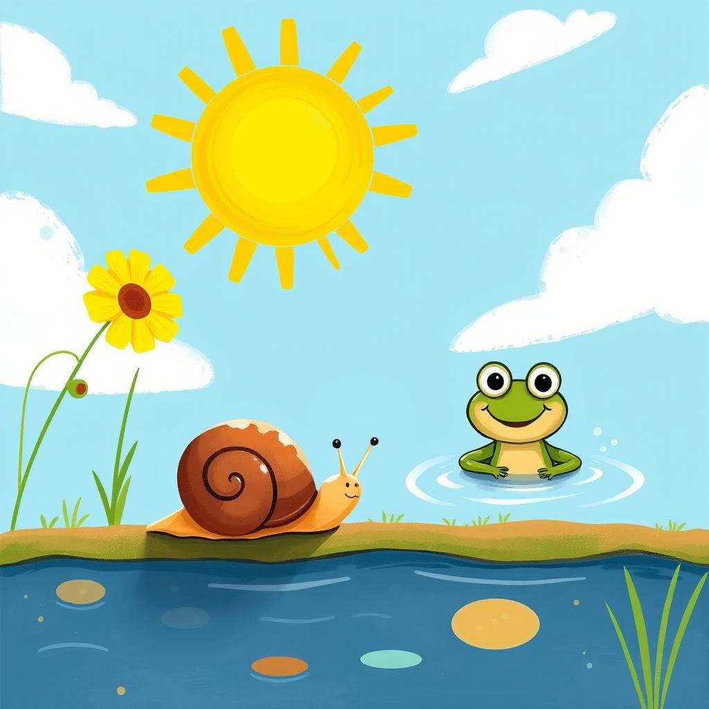 On a summer afternoon under the bright midday sun, a small snail with a brown shell walks along the edge of a pond
