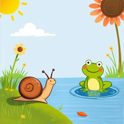 On a summer afternoon under the bright midday sun, a small snail with a brown shell walks along the edge of a pond