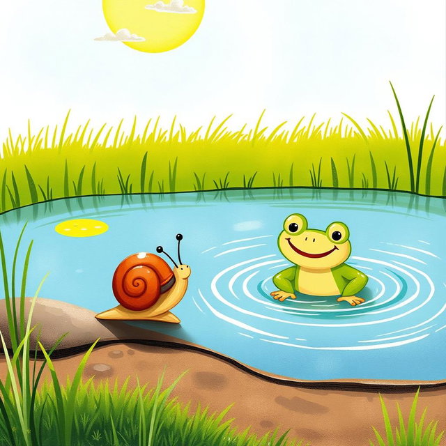 On a summer afternoon under the bright midday sun, a small snail with a brown shell walks along the edge of a pond