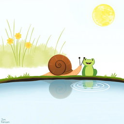On a summer noon under the bright sun, a small snail with a brown shell is walking along the edge of a pond