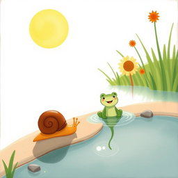 On a summer noon under the bright sun, a small snail with a brown shell is walking along the edge of a pond