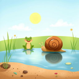 On a summer noon under the bright sun, a small snail with a brown shell is walking along the edge of a pond