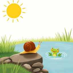 On a summer noon under the bright sun, a small snail with a brown shell is walking along the edge of a pond