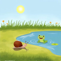 On a summer noon under the bright sun, a small snail with a brown shell is walking along the pond's edge