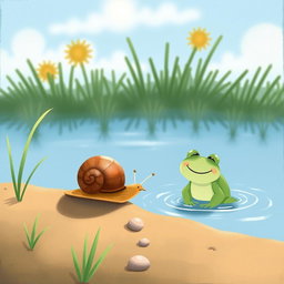 On a summer noon under the bright sun, a small snail with a brown shell is walking along the pond's edge