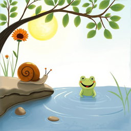 On a summer noon under the bright sun, a small snail with a brown shell is walking along the pond's edge