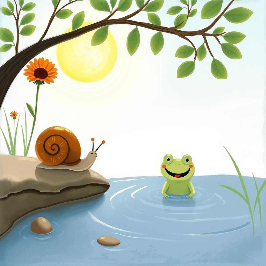 On a summer noon under the bright sun, a small snail with a brown shell is walking along the pond's edge
