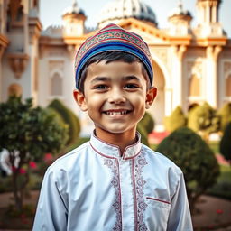 A portrait of a young Muslim boy dressed in a traditional outfit, smiling warmly