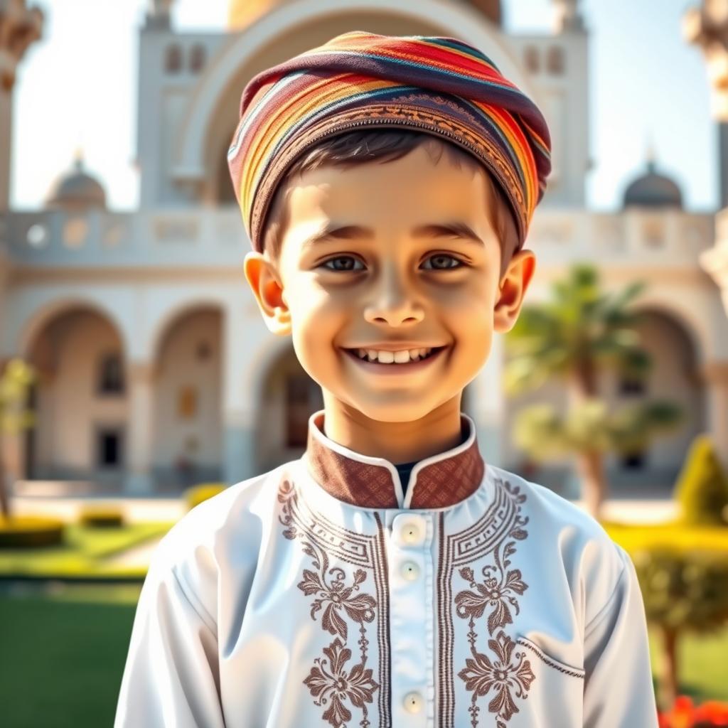 A portrait of a young Muslim boy dressed in a traditional outfit, smiling warmly