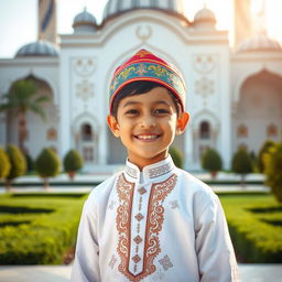 A portrait of a young Muslim boy dressed in a traditional outfit, smiling warmly